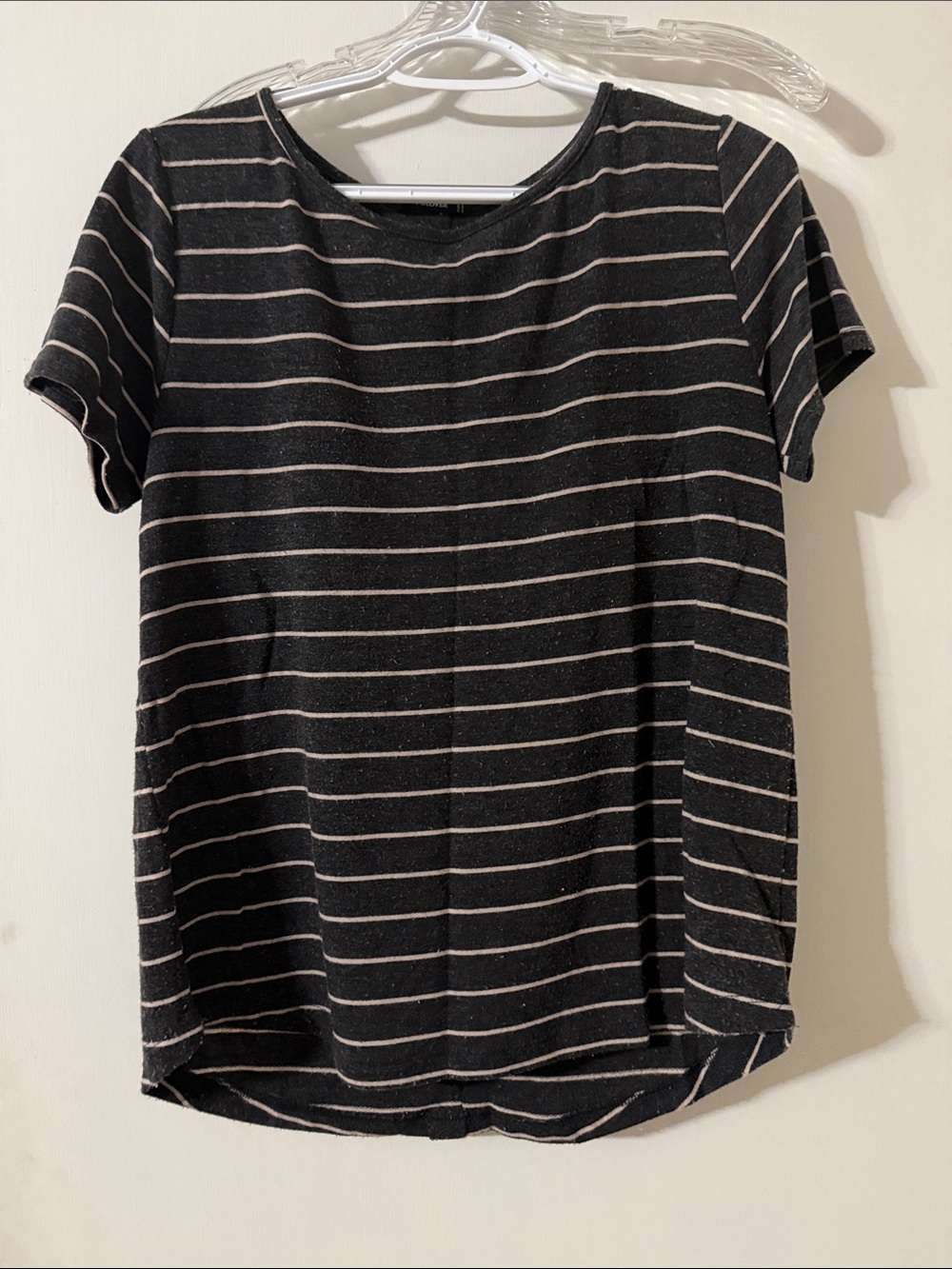Pink Clover Dark Charcoal Gray Tee with Thin Cream Stripes